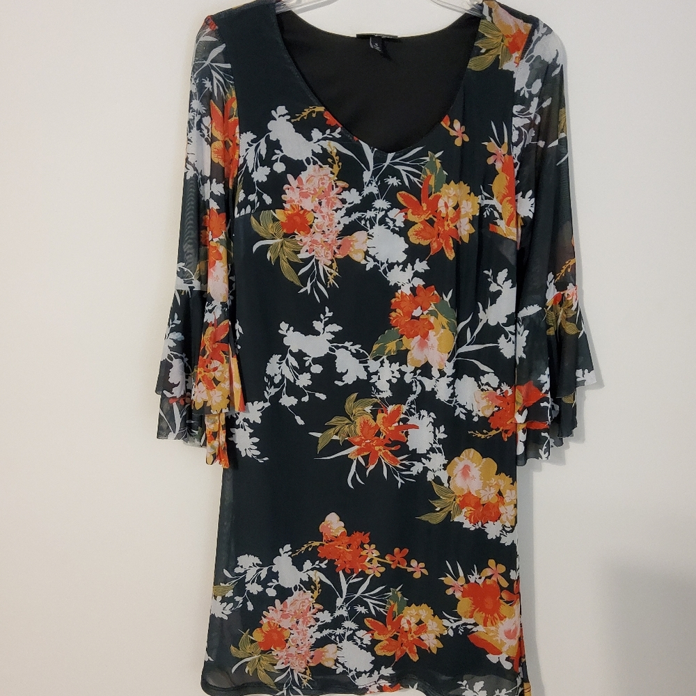 ALLISON BRITTNEY FLORAL BLACK MESH 3/4 BELL SLEEVE SHIFT DRESS SCOOP NECK SIZE S